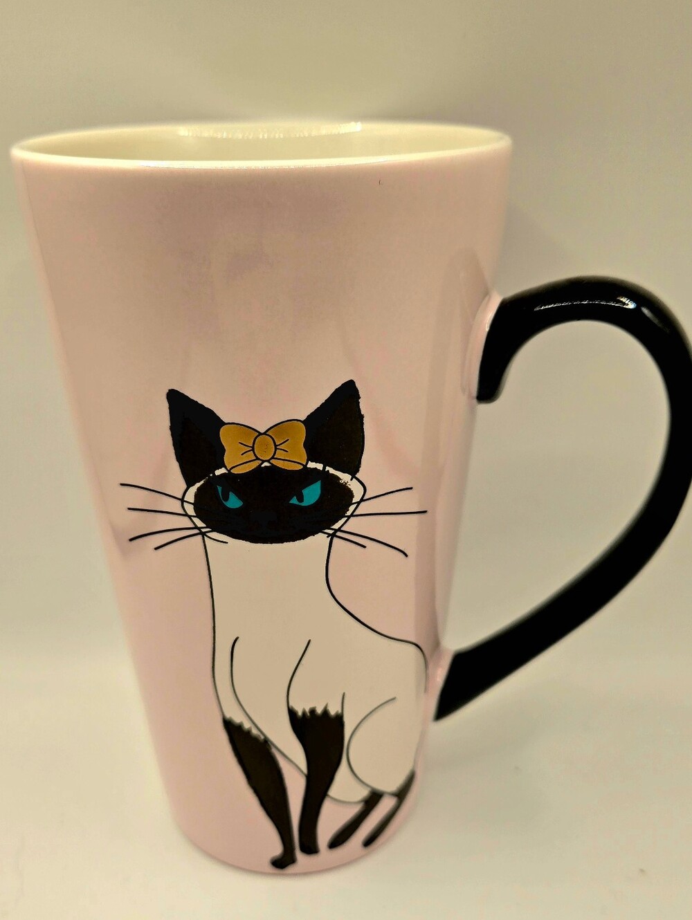 Tall Pink Black Charming Charlie Ceramic Siamese Cat Coffee Cup Mug W/Gold Bow